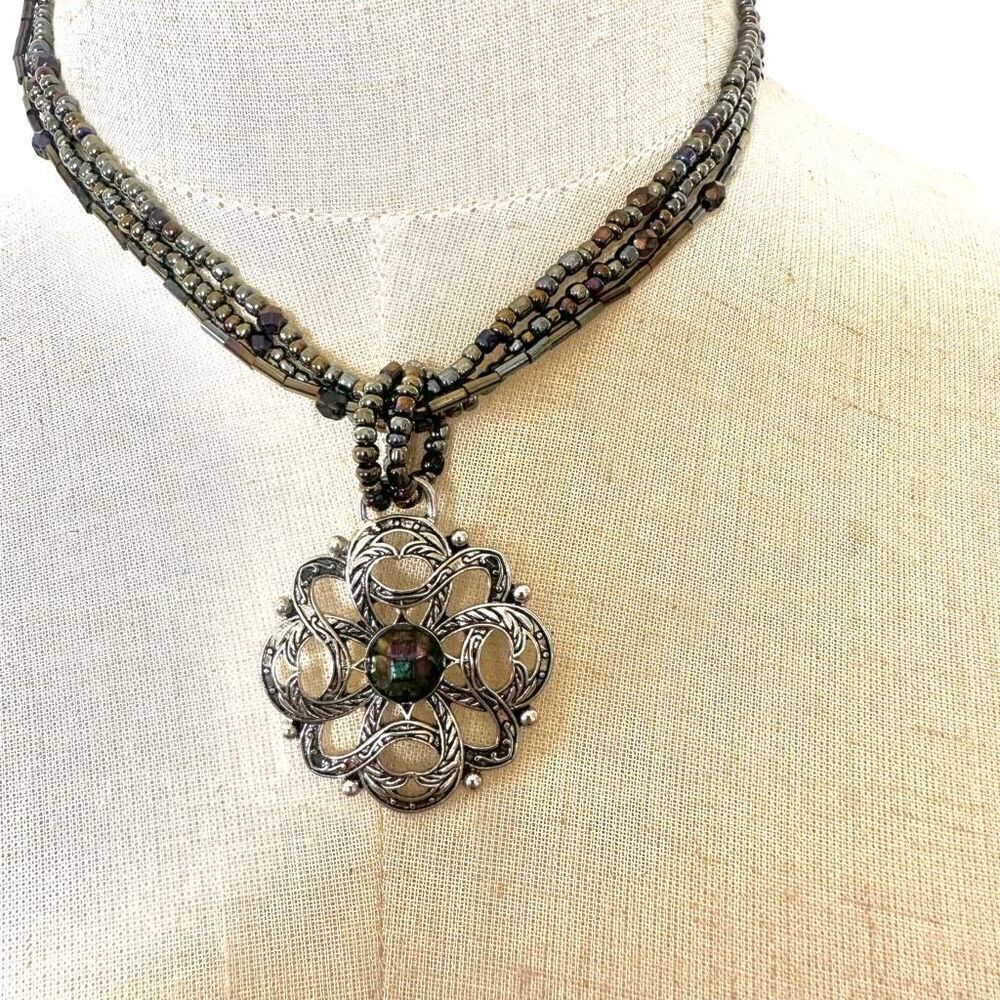 Cookie Lee irridescent beaded multi strand pendant necklace
